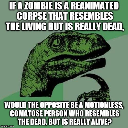 Philosoraptor Meme | IF A ZOMBIE IS A REANIMATED CORPSE THAT RESEMBLES THE LIVING BUT IS REALLY DEAD, WOULD THE OPPOSITE BE A MOTIONLESS, COMATOSE PERSON WHO RESEMBLES THE DEAD, BUT IS REALLY ALIVE? | image tagged in memes,philosoraptor | made w/ Imgflip meme maker
