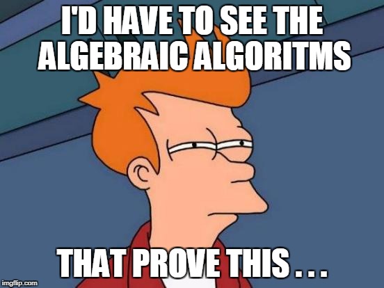 Futurama Fry Meme | I'D HAVE TO SEE THE ALGEBRAIC ALGORITMS THAT PROVE THIS . . . | image tagged in memes,futurama fry | made w/ Imgflip meme maker