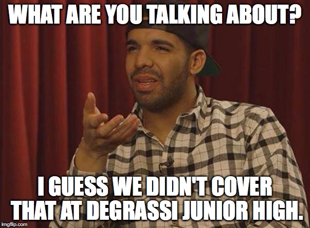 Confused drake  | WHAT ARE YOU TALKING ABOUT? I GUESS WE DIDN'T COVER THAT AT DEGRASSI JUNIOR HIGH. | image tagged in confused drake | made w/ Imgflip meme maker
