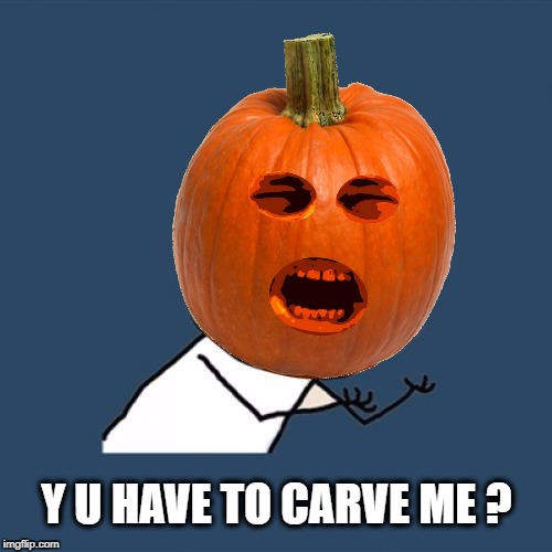Y U HAVE TO CARVE ME ? | image tagged in y u no,y u no guy,pumpkin,halloween,happy halloween | made w/ Imgflip meme maker