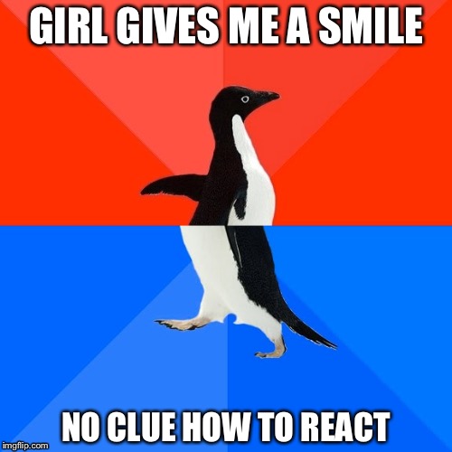 Socially Awesome Awkward Penguin Meme | GIRL GIVES ME A SMILE; NO CLUE HOW TO REACT | image tagged in memes,socially awesome awkward penguin,me irl,shyness | made w/ Imgflip meme maker
