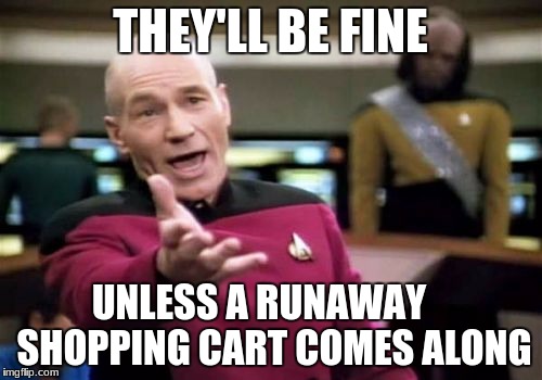 Picard Wtf Meme | THEY'LL BE FINE UNLESS A RUNAWAY    SHOPPING CART COMES ALONG | image tagged in memes,picard wtf | made w/ Imgflip meme maker