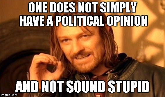 One Does Not Simply Meme | ONE DOES NOT SIMPLY HAVE A POLITICAL OPINION; AND NOT SOUND STUPID | image tagged in memes,one does not simply | made w/ Imgflip meme maker