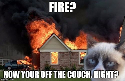 Burn Kitty | FIRE? NOW YOUR OFF THE COUCH. RIGHT? | image tagged in memes,burn kitty,grumpy cat | made w/ Imgflip meme maker