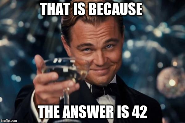 Leonardo Dicaprio Cheers Meme | THAT IS BECAUSE THE ANSWER IS 42 | image tagged in memes,leonardo dicaprio cheers | made w/ Imgflip meme maker