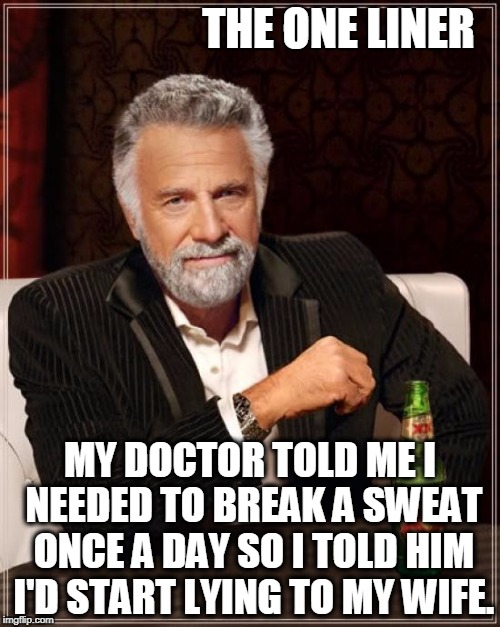The Most Interesting Man In The World Meme | THE ONE LINER; MY DOCTOR TOLD ME I NEEDED TO BREAK A SWEAT ONCE A DAY SO I TOLD HIM I'D START LYING TO MY WIFE. | image tagged in memes,the most interesting man in the world | made w/ Imgflip meme maker