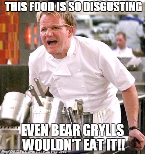 Chef Gordon Ramsay | THIS FOOD IS SO DISGUSTING; EVEN BEAR GRYLLS WOULDN'T EAT IT!! | image tagged in chef gordon ramsay | made w/ Imgflip meme maker