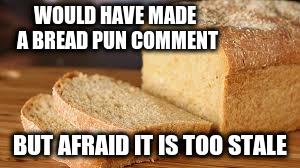 WOULD HAVE MADE A BREAD PUN COMMENT BUT AFRAID IT IS TOO STALE | made w/ Imgflip meme maker