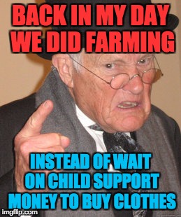 This Generation I Swear | BACK IN MY DAY WE DID FARMING; INSTEAD OF WAIT ON CHILD SUPPORT MONEY TO BUY CLOTHES | image tagged in memes,back in my day,funny,damk | made w/ Imgflip meme maker