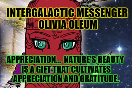 OLIVIA OLEUM - APPRECIATION | INTERGALACTIC MESSENGER OLIVIA OLEUM; APPRECIATION…  NATURE'S BEAUTY IS A GIFT THAT CULTIVATES APPRECIATION AND GRATITUDE. | image tagged in memes,appreciation,it's a wonderful life,inspirational,real life,the best | made w/ Imgflip meme maker