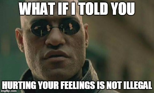 not even immoral | WHAT IF I TOLD YOU; HURTING YOUR FEELINGS IS NOT ILLEGAL | image tagged in memes,matrix morpheus | made w/ Imgflip meme maker