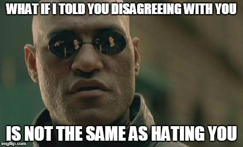 Matrix Morpheus Meme | WHAT IF I TOLD YOU DISAGREEING WITH YOU; IS NOT THE SAME AS HATING YOU | image tagged in memes,matrix morpheus | made w/ Imgflip meme maker