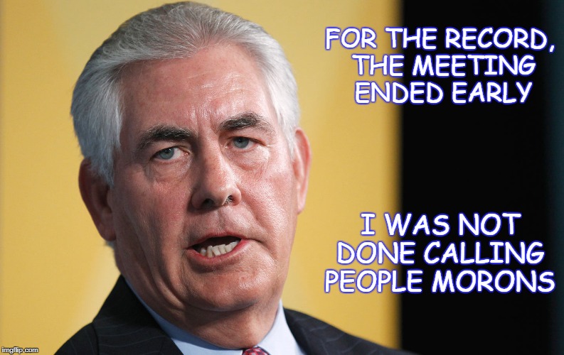 Rex Tillerson | FOR THE RECORD, THE MEETING ENDED EARLY; I WAS NOT DONE CALLING PEOPLE MORONS | image tagged in rex tillerson | made w/ Imgflip meme maker