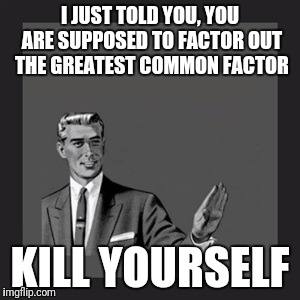 Plese dont take it literally | I JUST TOLD YOU, YOU ARE SUPPOSED TO FACTOR OUT THE GREATEST COMMON FACTOR; KILL YOURSELF | image tagged in memes,kill yourself guy,funny memes,dank memes,literally,not | made w/ Imgflip meme maker