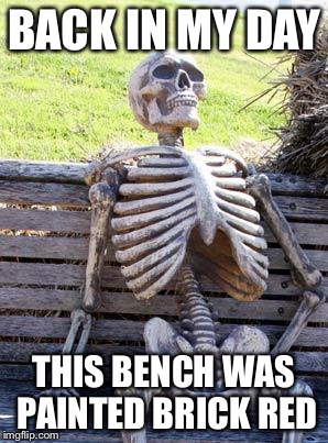 Waiting Skeleton | BACK IN MY DAY; THIS BENCH WAS PAINTED BRICK RED | image tagged in memes,waiting skeleton | made w/ Imgflip meme maker
