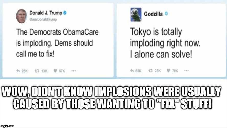 trump and Godzilla: the implosion causing brothers! only they alone can solve and fix it! | WOW, DIDN'T KNOW IMPLOSIONS WERE USUALLY CAUSED BY THOSE WANTING TO "FIX" STUFF! | image tagged in trump and godzilla unite to implode stuff,trump is a liar,liar in chief,health care,obamacare,snl | made w/ Imgflip meme maker