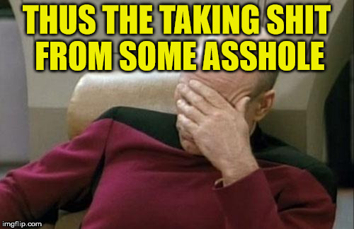 Captain Picard Facepalm Meme | THUS THE TAKING SHIT FROM SOME ASSHOLE | image tagged in memes,captain picard facepalm | made w/ Imgflip meme maker