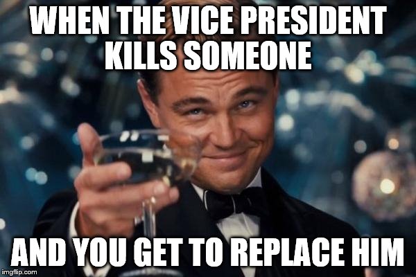Leonardo Dicaprio Cheers Meme | WHEN THE VICE PRESIDENT KILLS SOMEONE; AND YOU GET TO REPLACE HIM | image tagged in memes,leonardo dicaprio cheers | made w/ Imgflip meme maker