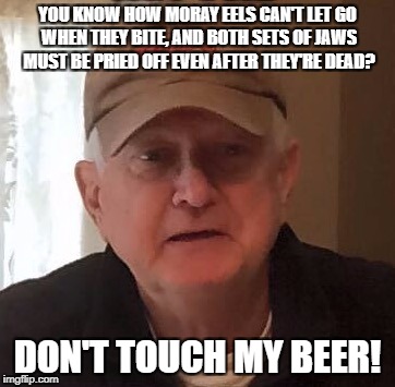 Dan For Memes | YOU KNOW HOW MORAY EELS CAN'T LET GO WHEN THEY BITE, AND BOTH SETS OF JAWS MUST BE PRIED OFF EVEN AFTER THEY'RE DEAD? DON'T TOUCH MY BEER! | image tagged in dan for memes | made w/ Imgflip meme maker