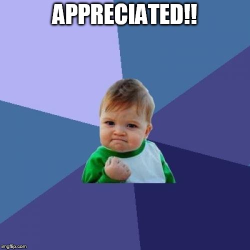 APPRECIATED!! | image tagged in memes,success kid | made w/ Imgflip meme maker