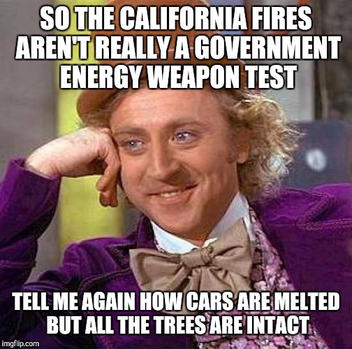 Creepy Condescending Wonka Meme | SO THE CALIFORNIA FIRES AREN'T REALLY A GOVERNMENT ENERGY WEAPON TEST; TELL ME AGAIN HOW CARS ARE MELTED BUT ALL THE TREES ARE INTACT | image tagged in memes,creepy condescending wonka | made w/ Imgflip meme maker