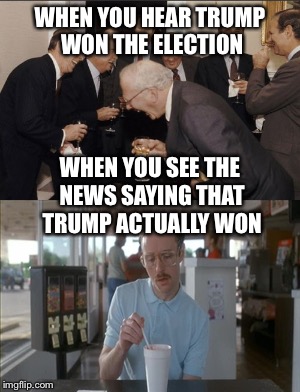 Life can be a b*tch, Politics week (A haramisbae event Oct 30- Nov 5) | WHEN YOU HEAR TRUMP WON THE ELECTION; WHEN YOU SEE THE NEWS SAYING THAT TRUMP ACTUALLY WON | image tagged in donald trump is an idiot | made w/ Imgflip meme maker