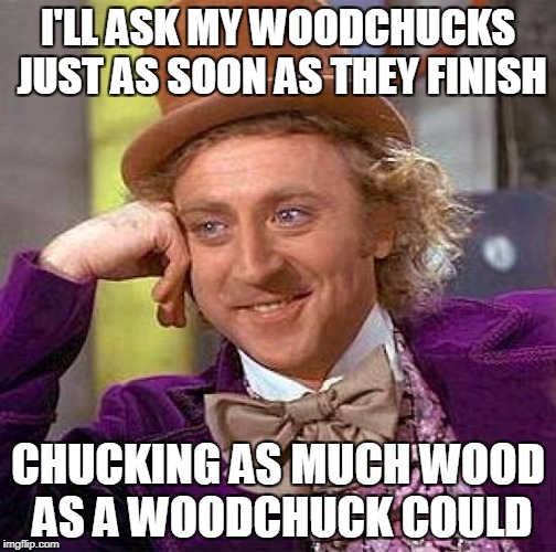 Creepy Condescending Wonka Meme | I'LL ASK MY WOODCHUCKS JUST AS SOON AS THEY FINISH CHUCKING AS MUCH WOOD AS A WOODCHUCK COULD | image tagged in memes,creepy condescending wonka | made w/ Imgflip meme maker