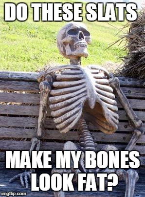 Waiting Skeleton Meme | DO THESE SLATS MAKE MY BONES LOOK FAT? | image tagged in memes,waiting skeleton | made w/ Imgflip meme maker