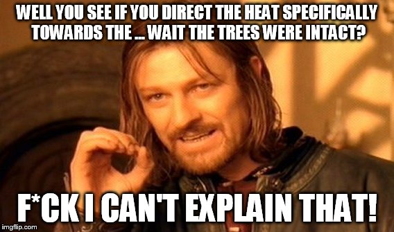 One Does Not Simply Meme | WELL YOU SEE IF YOU DIRECT THE HEAT SPECIFICALLY TOWARDS THE ... WAIT THE TREES WERE INTACT? F*CK I CAN'T EXPLAIN THAT! | image tagged in memes,one does not simply | made w/ Imgflip meme maker