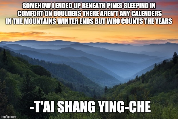 Mountain Wisdom | SOMEHOW I ENDED UP BENEATH PINES
SLEEPING IN COMFORT ON BOULDERS
THERE AREN'T ANY CALENDERS IN THE MOUNTAINS
WINTER ENDS BUT WHO COUNTS THE YEARS; -T'AI SHANG YING-CHE | image tagged in mountains | made w/ Imgflip meme maker