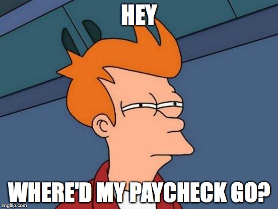 Futurama Fry Meme | HEY; WHERE'D MY PAYCHECK GO? | image tagged in memes,futurama fry | made w/ Imgflip meme maker