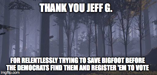 THANK YOU JEFF G. FOR RELENTLESSLY TRYING TO SAVE BIGFOOT BEFORE THE DEMOCRATS FIND THEM AND REGISTER 'EM TO VOTE | image tagged in bigfoot | made w/ Imgflip meme maker
