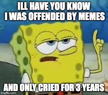 I'll Have You Know Spongebob | ILL HAVE YOU KNOW I WAS OFFENDED BY MEMES; AND ONLY CRIED FOR 3 YEARS | image tagged in memes,ill have you know spongebob | made w/ Imgflip meme maker