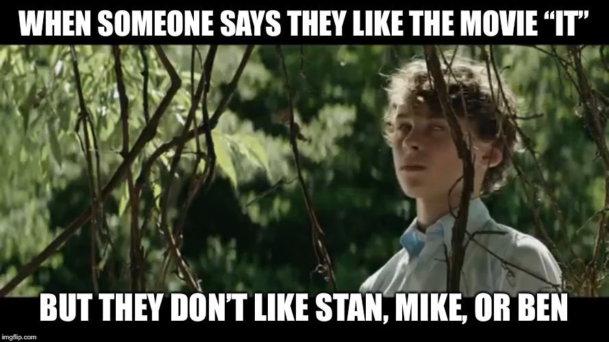 Justice for The Losers Club! | WHEN SOMEONE SAYS THEY LIKE THE MOVIE “IT”; BUT THEY DON’T LIKE STAN, MIKE, OR BEN | image tagged in memes,funny,it,it movie,stephen kings it,wyatt oleff | made w/ Imgflip meme maker