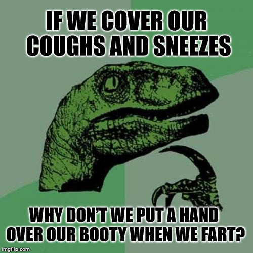 It’s polite to cover your rear | IF WE COVER OUR COUGHS AND SNEEZES; WHY DON’T WE PUT A HAND OVER OUR BOOTY WHEN WE FART? | image tagged in memes,philosoraptor,deep thoughts,fart | made w/ Imgflip meme maker