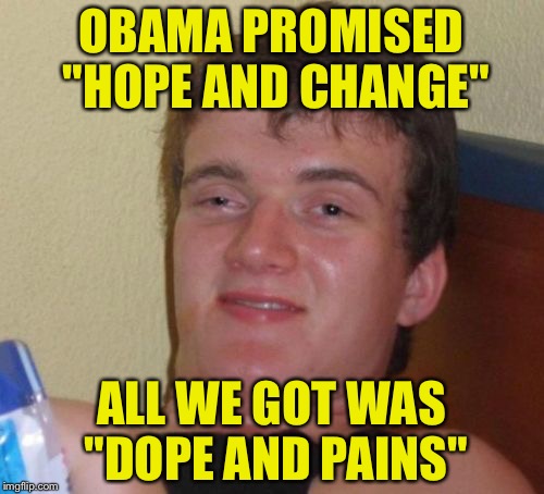 Depressing meme | OBAMA PROMISED "HOPE AND CHANGE"; ALL WE GOT WAS "DOPE AND PAINS" | image tagged in memes,10 guy | made w/ Imgflip meme maker