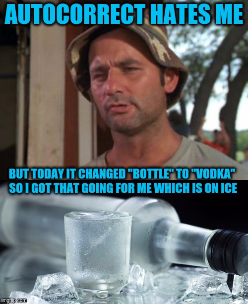 Only time in which Autocorrect is useful. (❛‿❛) | AUTOCORRECT HATES ME; BUT TODAY IT CHANGED "BOTTLE" TO "VODKA" SO I GOT THAT GOING FOR ME WHICH IS ON ICE | image tagged in memes,funny,so i got that goin for me which is nice,vodka,autocorrect,drinking | made w/ Imgflip meme maker
