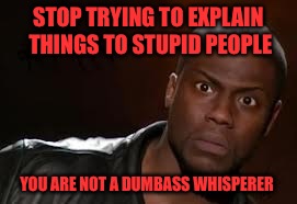 Kevin Hart |  STOP TRYING TO EXPLAIN THINGS TO STUPID PEOPLE; YOU ARE NOT A DUMBASS WHISPERER | image tagged in memes,kevin hart the hell | made w/ Imgflip meme maker