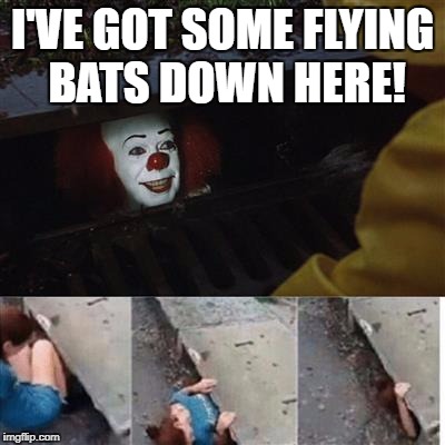 pennywise in sewer | I'VE GOT SOME FLYING BATS DOWN HERE! | image tagged in pennywise in sewer | made w/ Imgflip meme maker