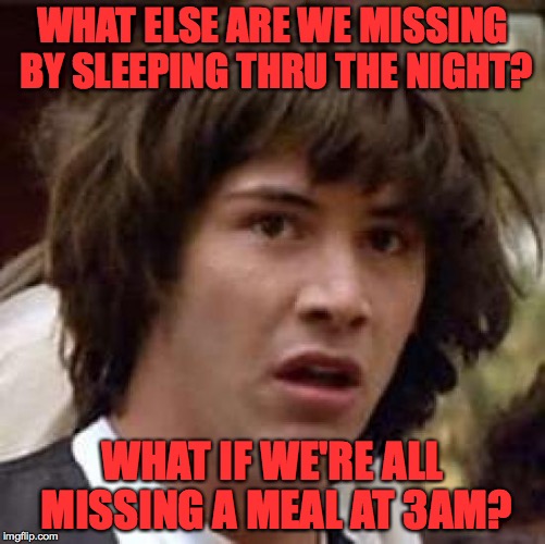 Conspiracy Keanu Meme | WHAT ELSE ARE WE MISSING BY SLEEPING THRU THE NIGHT? WHAT IF WE'RE ALL MISSING A MEAL AT 3AM? | image tagged in memes,conspiracy keanu | made w/ Imgflip meme maker