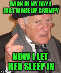 Back In My Day Meme | BACK IN MY DAY I JUST WOKE UP GRUMPY; NOW I LET HER SLEEP IN | image tagged in memes,back in my day | made w/ Imgflip meme maker