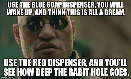 Matrix Morpheus Meme | USE THE BLUE SOAP DISPENSER, YOU WILL WAKE UP, AND THINK THIS IS ALL A DREAM, USE THE RED DISPENSER, AND YOU'LL SEE HOW DEEP THE RABIT HOLE GOES. | image tagged in memes,matrix morpheus | made w/ Imgflip meme maker