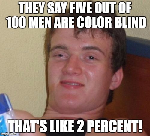 10 Guy | THEY SAY FIVE OUT OF 100 MEN ARE COLOR BLIND; THAT'S LIKE 2 PERCENT! | image tagged in memes,10 guy | made w/ Imgflip meme maker