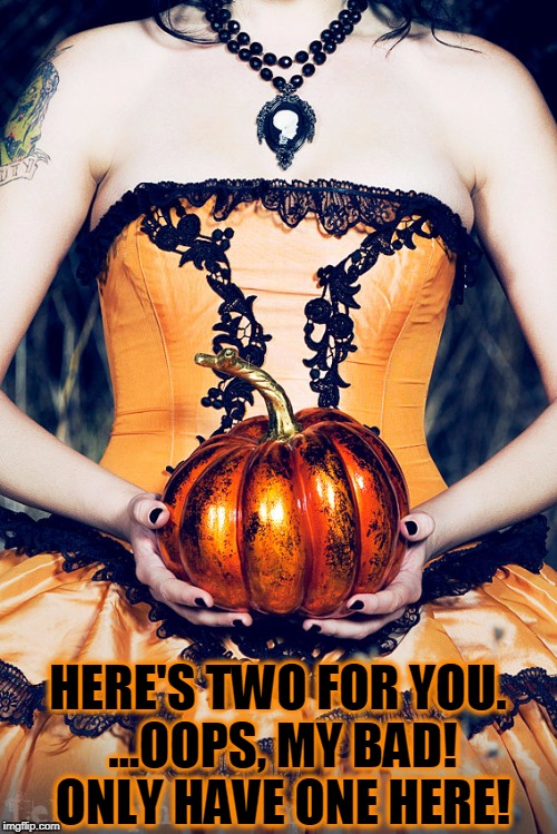 Not Very Big, but Just for You at Halloween | HERE'S TWO FOR YOU. ...OOPS, MY BAD! ONLY HAVE ONE HERE! | image tagged in vince vance,halloween,happy halloween,pumpkin,orange and black,trick or treat | made w/ Imgflip meme maker