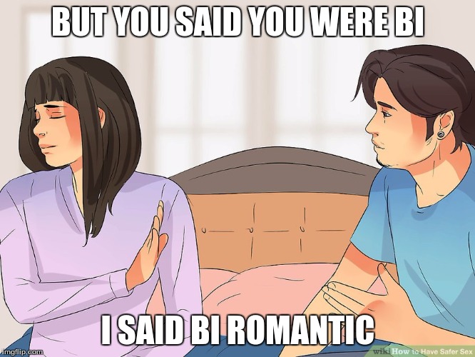 But... | BUT YOU SAID YOU WERE BI; I SAID BI ROMANTIC | image tagged in but | made w/ Imgflip meme maker