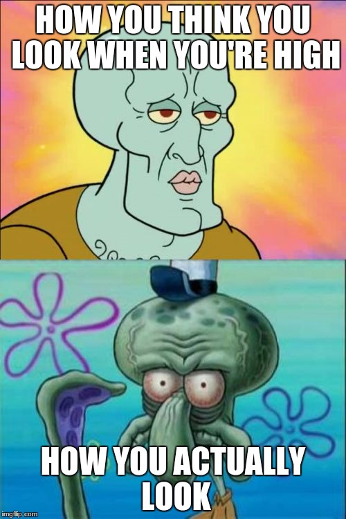 Squidward Meme | HOW YOU THINK YOU LOOK WHEN YOU'RE HIGH; HOW YOU ACTUALLY LOOK | image tagged in memes,squidward | made w/ Imgflip meme maker
