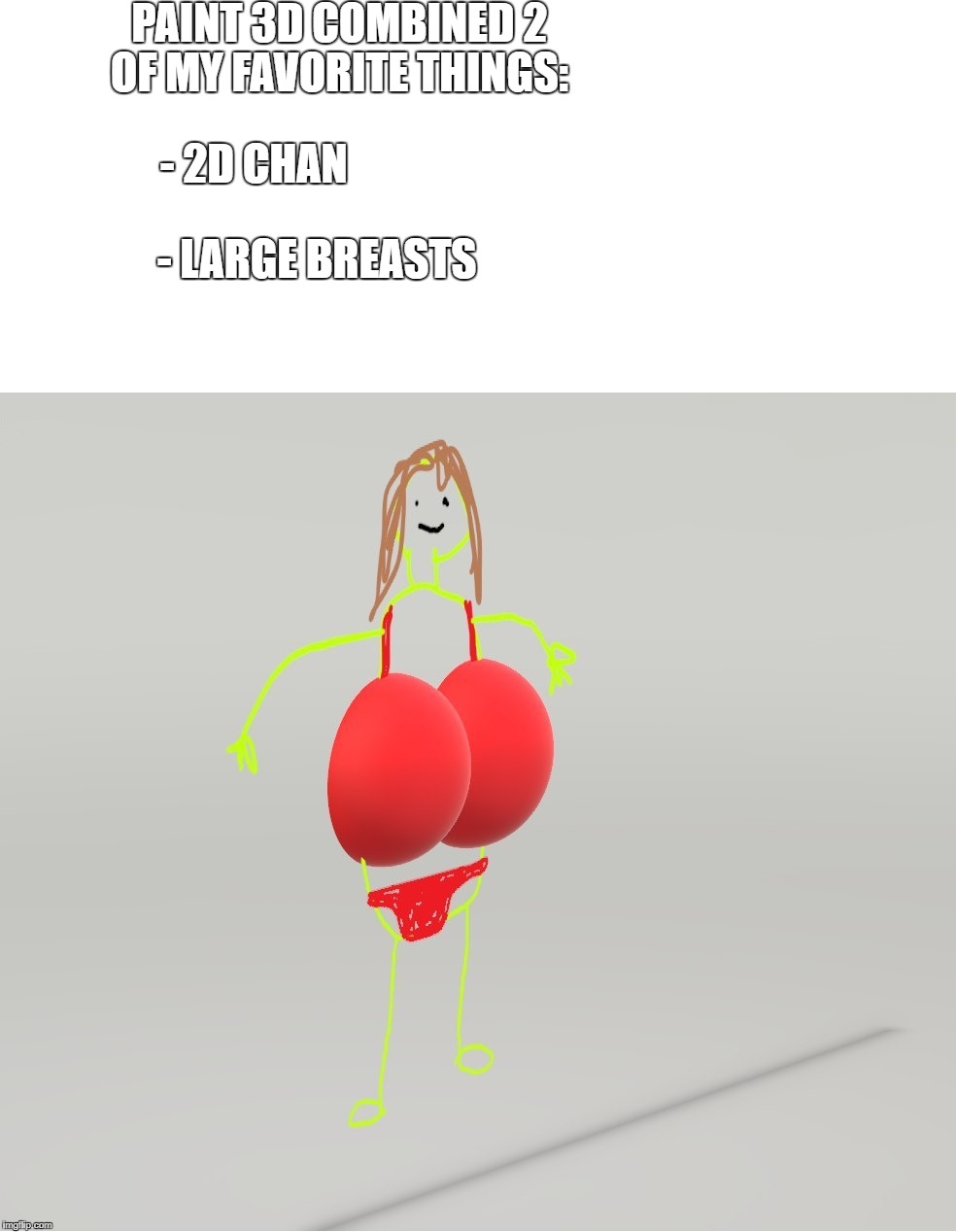PAINT 3D COMBINED 2 OF MY FAVORITE THINGS:; - 2D CHAN; - LARGE BREASTS | image tagged in paint girl,2d,3d,chan | made w/ Imgflip meme maker