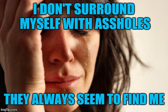 First World Problems Meme | I DON'T SURROUND MYSELF WITH ASSHOLES THEY ALWAYS SEEM TO FIND ME | image tagged in memes,first world problems | made w/ Imgflip meme maker
