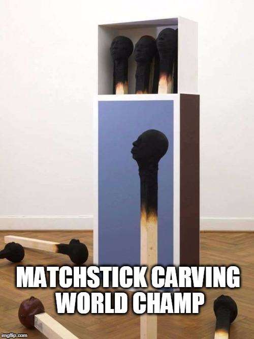 wow | MATCHSTICK CARVING WORLD CHAMP | image tagged in matches,art,burn,box,wow | made w/ Imgflip meme maker