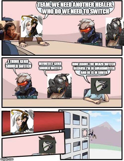 Boardroom Meeting Suggestion | TEAM, WE NEED ANOTHER HEALER, WHO DO WE NEED TO SWITCH; HOW ABOUT THE HANZO SWITCH BECAUSE I'M IN GRANDMASTER AND HE IS IN SILVER; I THINK GENJI SHOULD SWITCH; DEFINITELY GENJI SHOULD SWITCH | image tagged in memes,boardroom meeting suggestion | made w/ Imgflip meme maker
